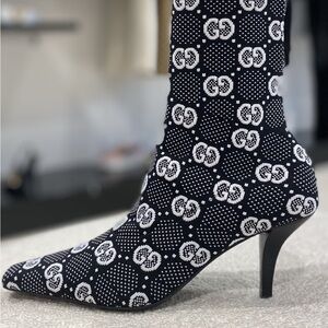 Gucci Monogram Black and White Heeled Boots
